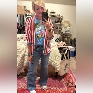 POL Red and White Striped Rose Cardigan